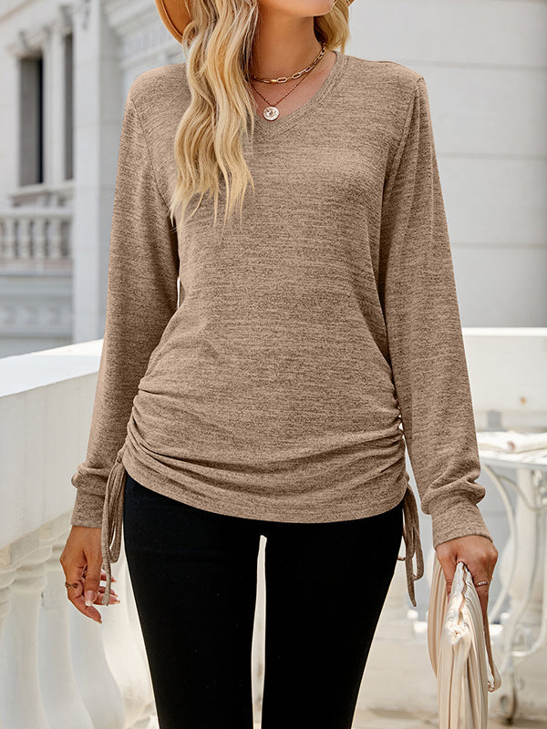 Drawstring Solid Color Tied Long Sleeves Loose V-Neck T-Shirts Tops