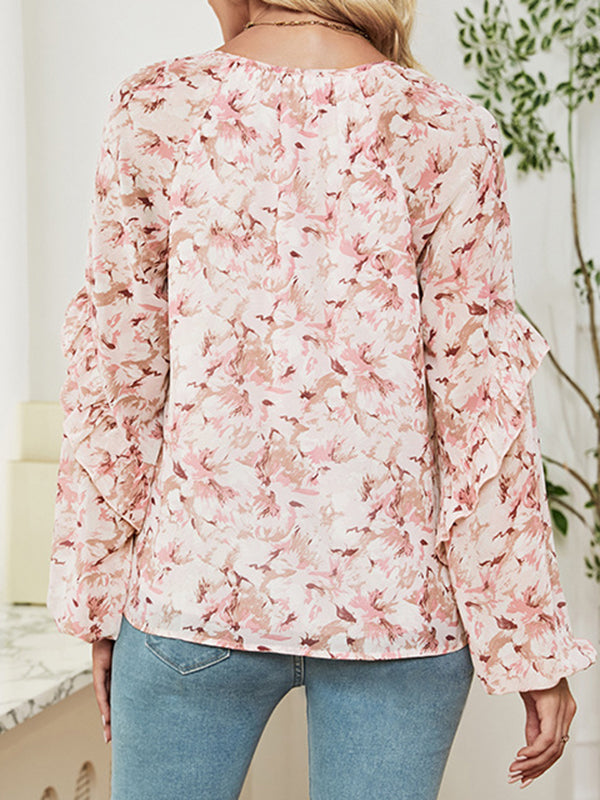 Flower Print Tied Long Sleeves Loose V-Neck Blouses&Shirts Tops