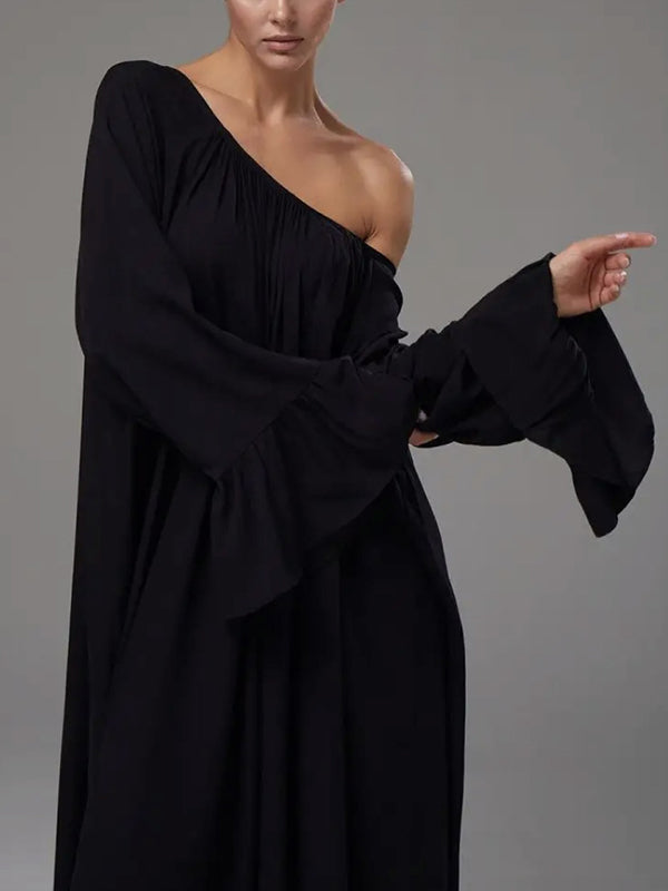 Pleated Solid Color Split-Joint A-Line Flared Sleeves Round-Neck Maxi Dresses