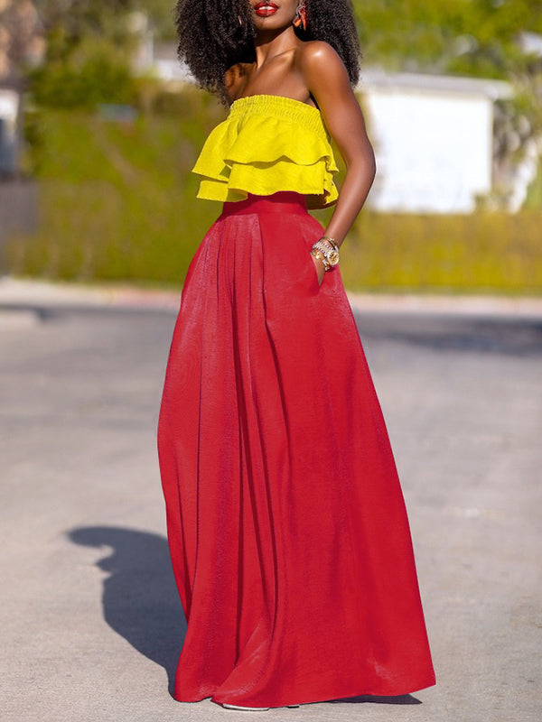 Pleated Pockets Shiny Solid Color High Waisted Loose Trousers Pants