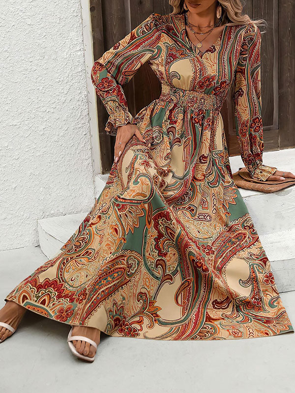 Elasticity Printed Loose Puff Sleeves V-Neck Maxi Dresses