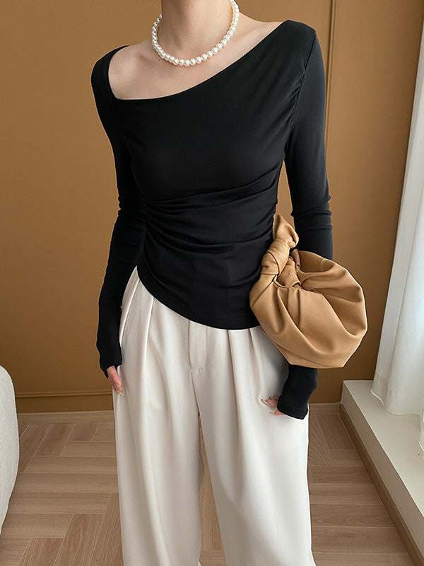 Solid Color Long Sleeves Skinny Asymmetric Collar T-Shirts Tops