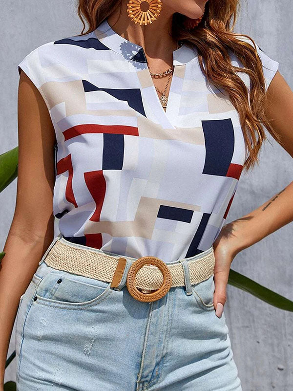 Printed Loose Sleeveless V-Neck T-Shirts Tops