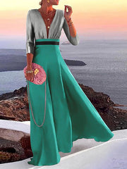 Pleated Split-Joint Loose Three-quarter Sleeves Deep V-Neck Maxi Dresses