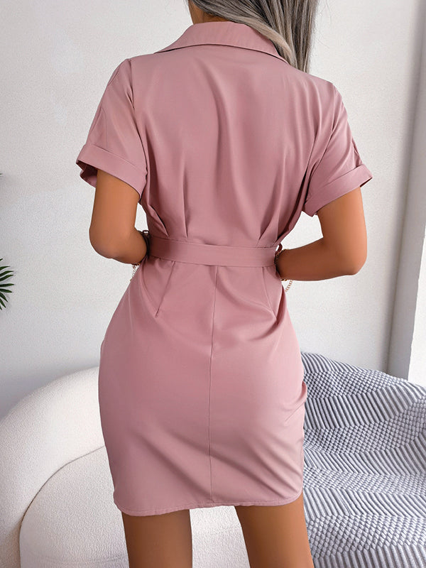 Bandage Pleated Solid Color Short Sleeves Lapel Mini Dresses