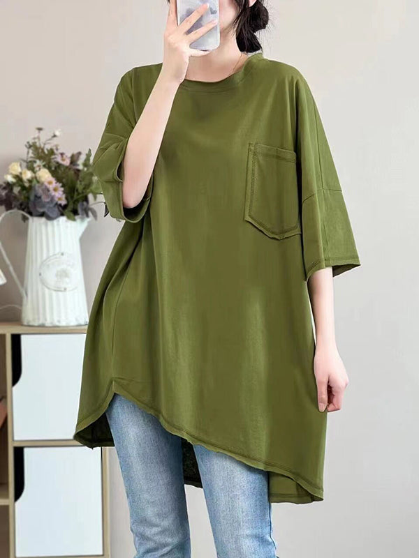 Asymmetric Solid Color Half Sleeves Loose Round-neck T-shirts