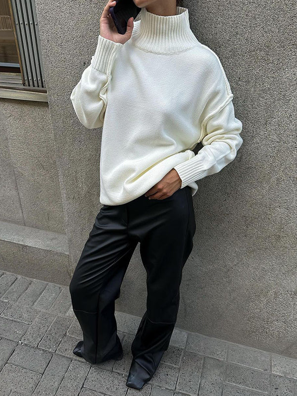 Solid Color Split-Joint Long Sleeves Loose High Neck Sweater Tops Pullovers