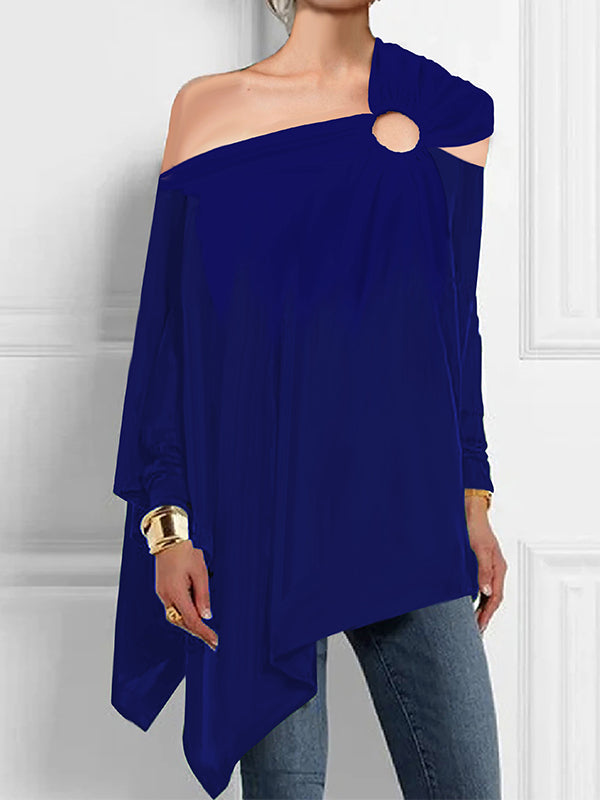 Asymmetric Hollow Solid Color Long Sleeves Loose Asymmetric Collar T-Shirts Tops