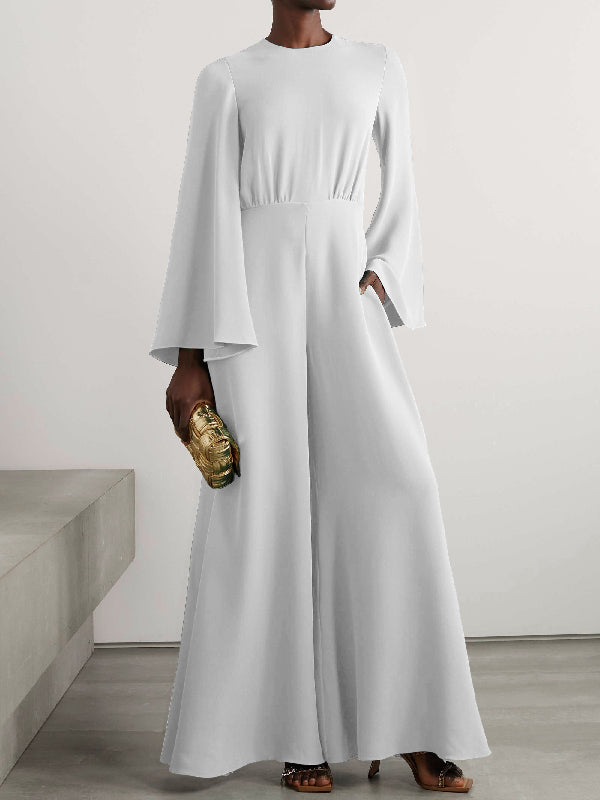 Flared Sleeves Long Sleeves Solid Color Split-Joint Zipper Round-Neck Wide Leg Jumpsuits