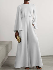 Flared Sleeves Long Sleeves Solid Color Split-Joint Zipper Round-Neck Wide Leg Jumpsuits