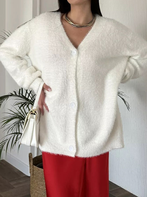 Buttoned Solid Color Long Sleeves Loose V-Neck Cardigan Tops