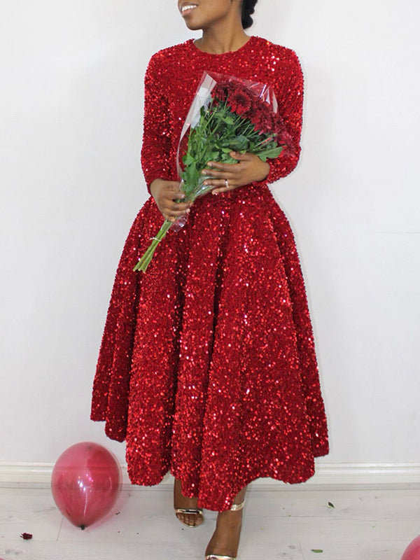 Sequined Split-Joint Zipper A-Line High Waisted Round-Neck Maxi Dresses