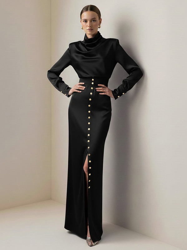 Split-Joint Heaps Collar Long Sleeves Pleated Blouses&Shirts Tops + Elasticated Waist Asymmetric Buttoned  Contrast Color Split-Side Zipper Skirts Bottoms Two Pieces Set