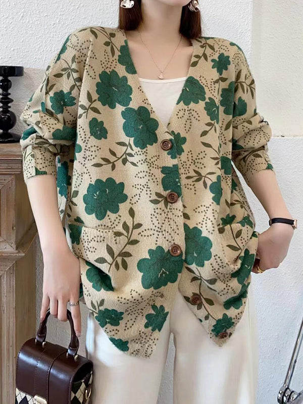 Buttoned Knitted Flower Pockets Long Sleeves Loose V-Neck Cardigan Tops