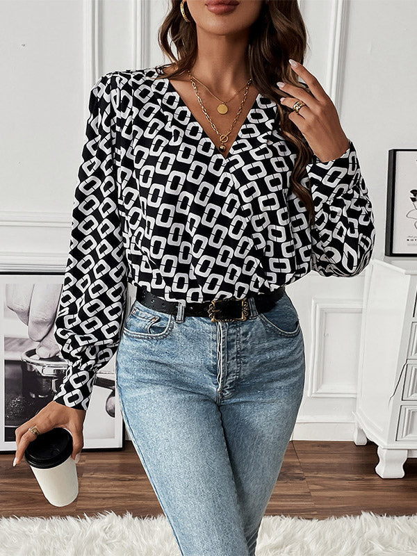 Printed Long Sleeves Loose V-Neck Bodysuits