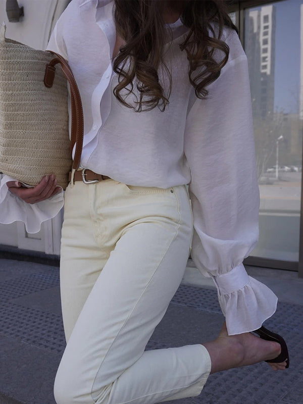 Pleated Solid Color Split-Joint Loose Puff Sleeves Lapel Blouses&shirts Tops