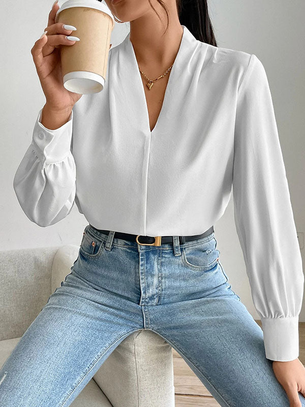 Pleated Solid Color Split-Joint Long Sleeves Loose V-Neck Blouses&Shirts Tops