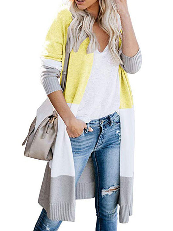 Contrast Color Long Sleeves Loose V-Neck Cardigan Tops