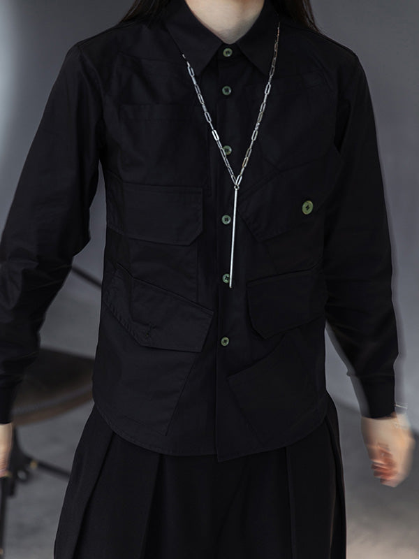 Simple Black Lapel Pockets Blouse