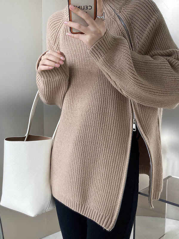 Split-Joint Split-Side Zipper Long Sleeves Loose High Neck Sweater Tops