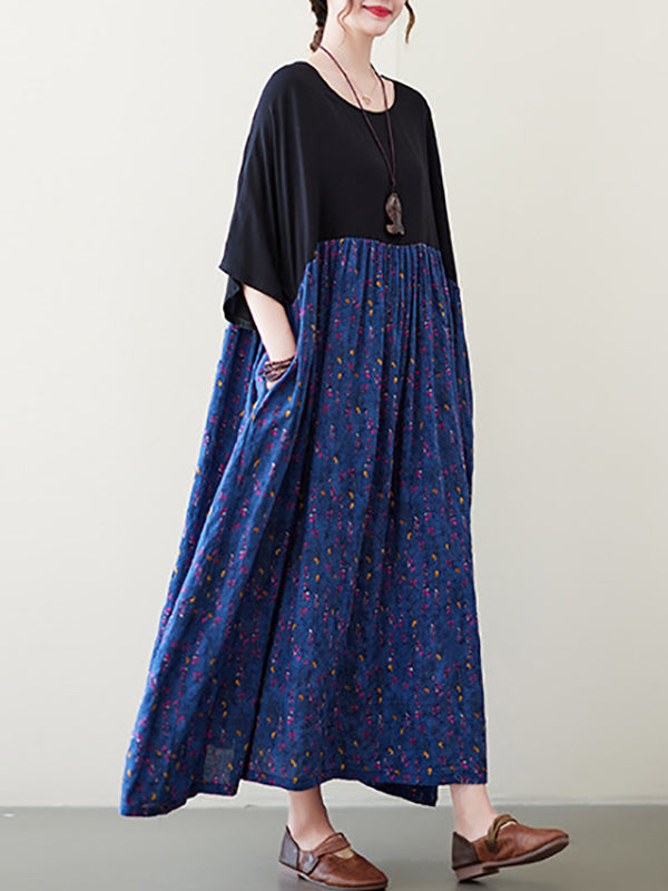 Artistic Retro Loose Half Sleeves Floral Printed Contrast Color Pleated Split-Joint Midi Dresses