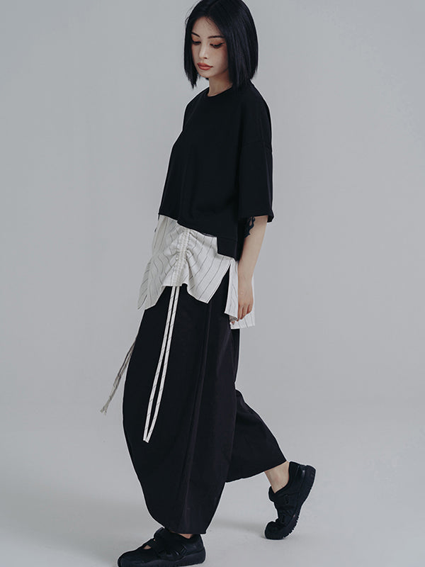 Urban Striped Drawstring Split-Joint False Two Split-Joint T-Shirt