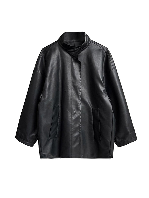Buttoned Pockets Solid Color Long Sleeves Loose Stand Collar Outerwear