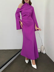 Flared Sleeves Asymmetric Buttoned Hollow Solid Color Zipper Cold Shoulder Evening Dresses Maxi Dresses