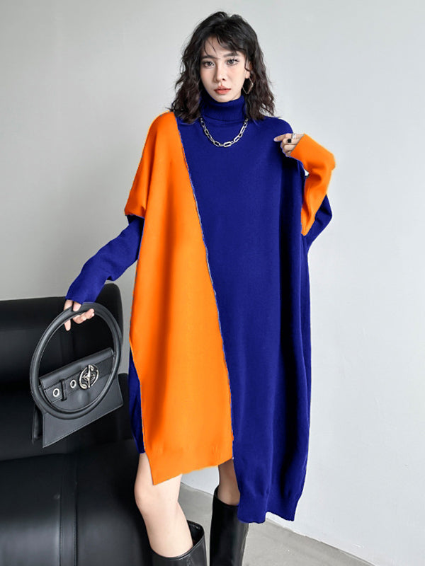 Asymmetric Contrast Color Split-Joint Batwing Sleeves Hipster High-neck Sweater Dresses Midi Dresses