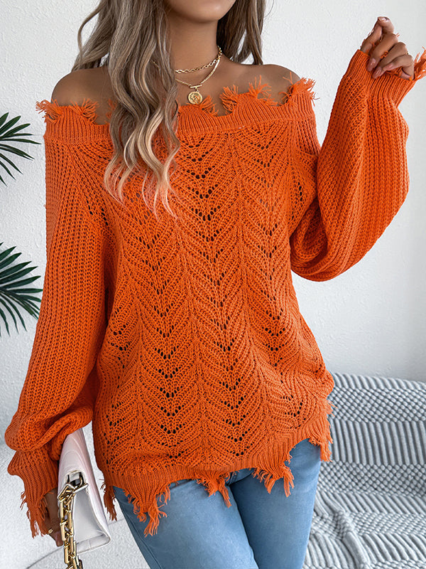 Hollow Knitted Leaves Ribbed Knit See-Through Solid Color Long Sleeves Off-The-Shoulder Sweater Tops