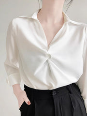 Knot Solid Color Long Sleeves Loose Lapel Blouses&Shirts Tops