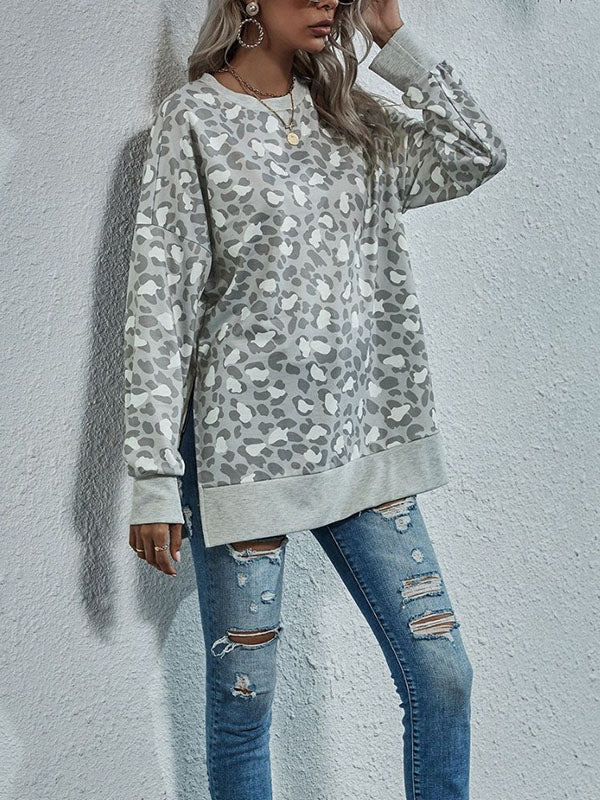 Leopard Split-Joint Split-side Long Sleeves Loose Round-neck Sweatshirt Tops