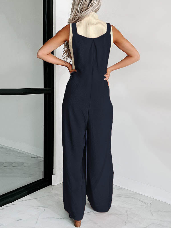 Buttoned Pleated Pockets High Waisted Loose Overalls