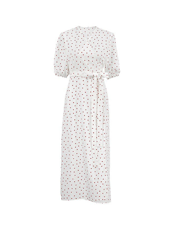 Elasticity Heart Print Jacquard Polka-Dot Split-Joint Tied Waist A-Line High Waisted V-Neck Midi Dresses