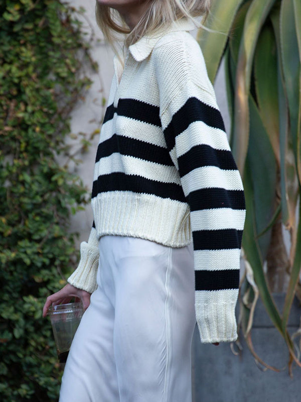Contrast Color Striped Long Sleeves Loose Lapel Sweater