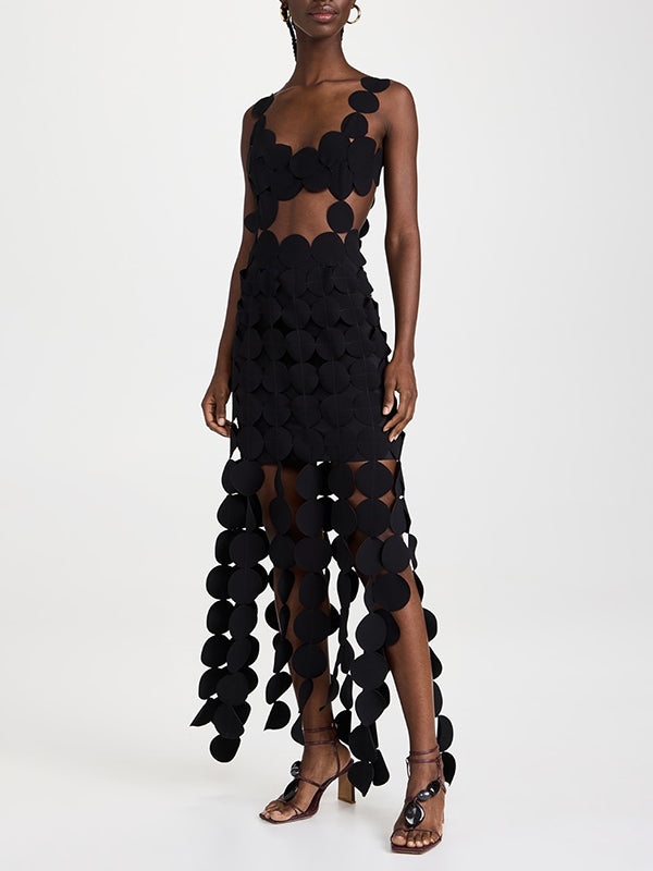 Backless Hollow Polka-Dot Solid Color Split-Joint Loose Sleeveless Round-neck Maxi Dresses