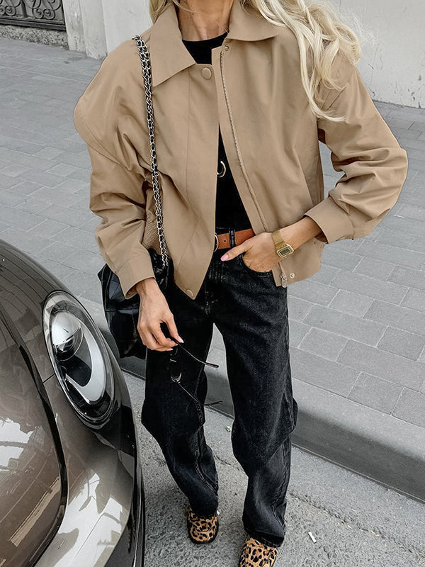 Buttoned Elasticity Solid Color Zipper Long Sleeves Loose Lapel Outerwear Jackets