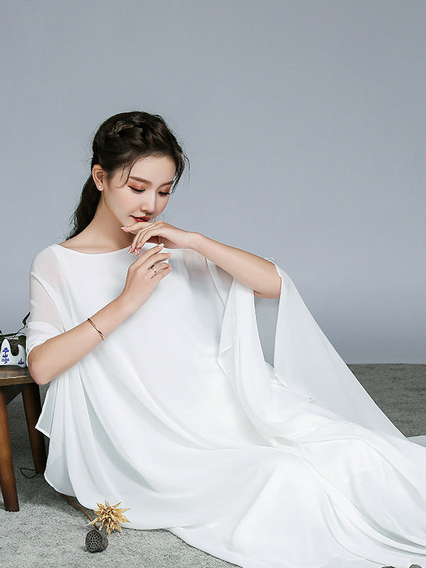 Artistic Retro Loose Chiffon Solid Color Falbala Round-Neck Kimono Sleeve 2 Pieces Set