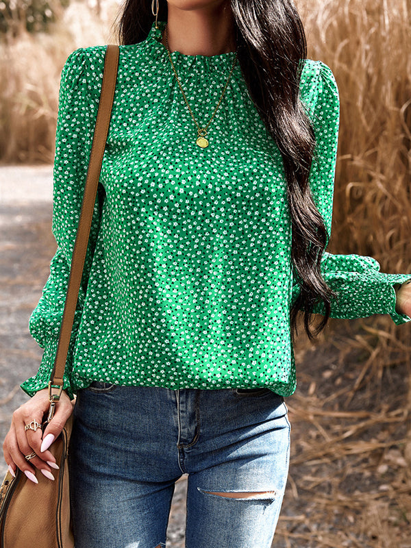 Elasticity Flower Print Ruffled Long Sleeves Loose Mock Neck Blouses&Shirts Tops