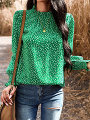 Elasticity Flower Print Ruffled Long Sleeves Loose Mock Neck Blouses&Shirts Tops