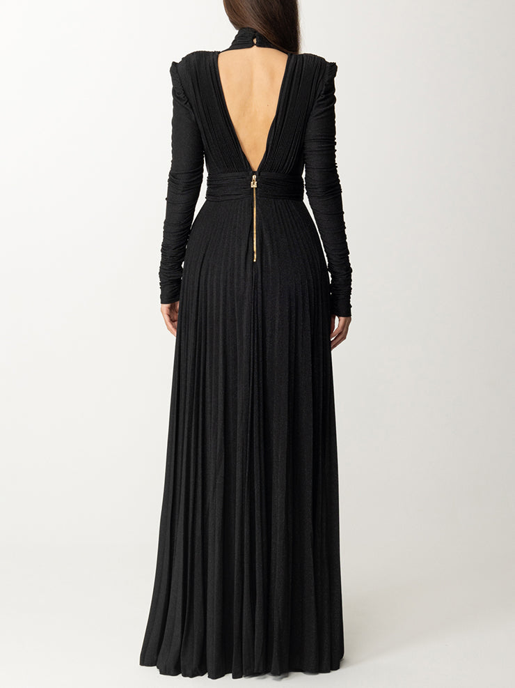Long Sleeves Pleated Solid Color Split-Side V-Back High-Neck Evening Dresses Maxi Dresses