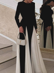 Contrast Color Elasticity Pleated Split-Joint A-Line Long Sleeves Round-Neck Maxi Dresses Evening Dresses