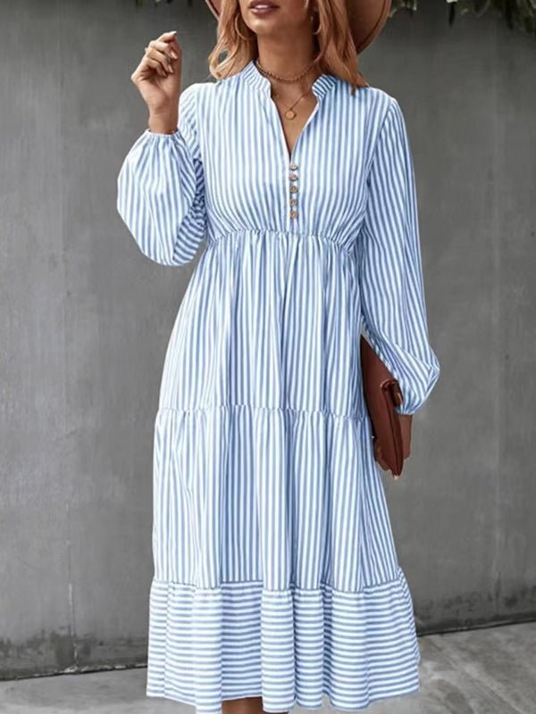 Pleated Split-Joint Striped Loose Puff Sleeves V-Neck Shirt Dress Midi Dresses
