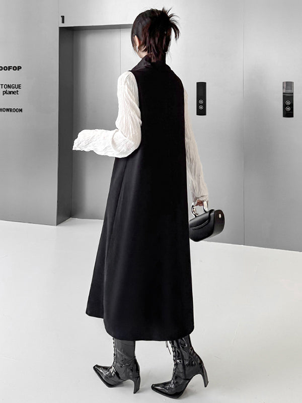Asymmetric Buttoned Solid Color Split-Joint Irregularity Loose High Neck Midi Dresses