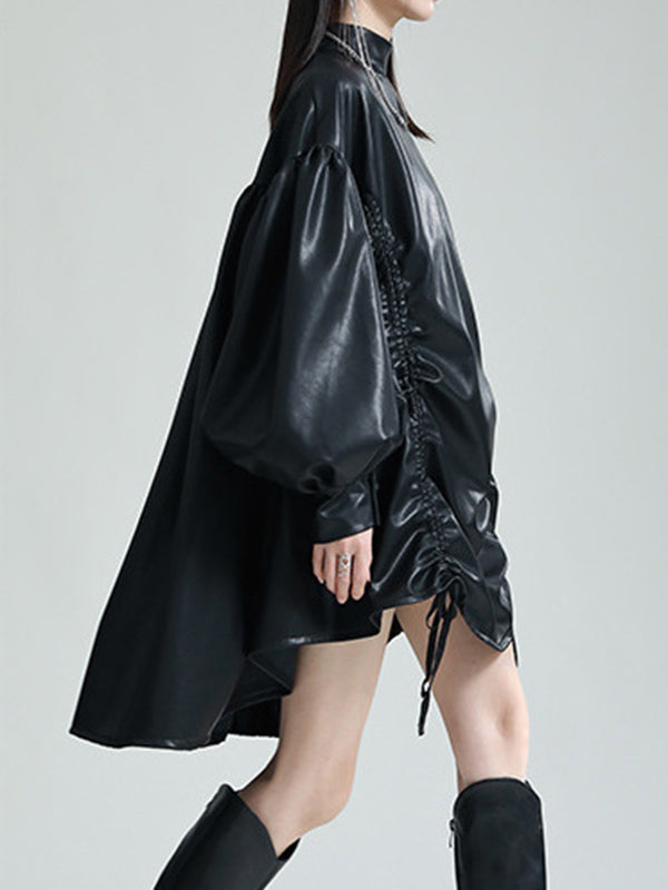 Drawstring Pleated Solid Color High-Low Long Sleeves Stand Collar Mini Dresses