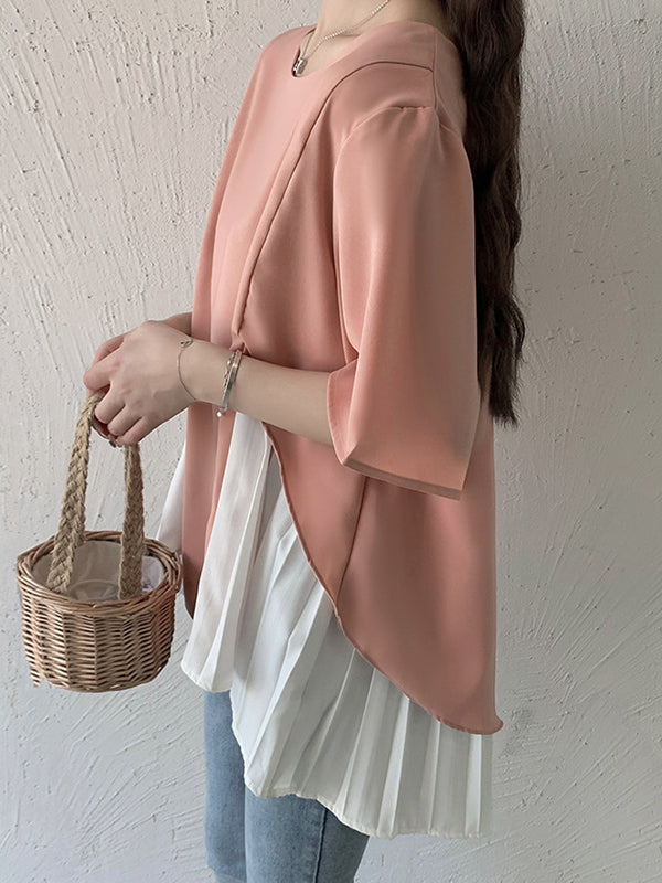 Split-Joint Half Sleeves Irregularity Round-Neck T-Shirts Tops