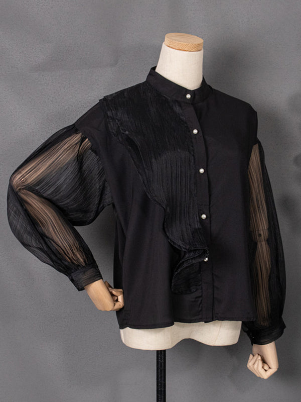 Asymmetric Buttoned See-Through Solid Color Split-Joint Long Sleeves Loose Stand Collar Blouses&shirts Tops
