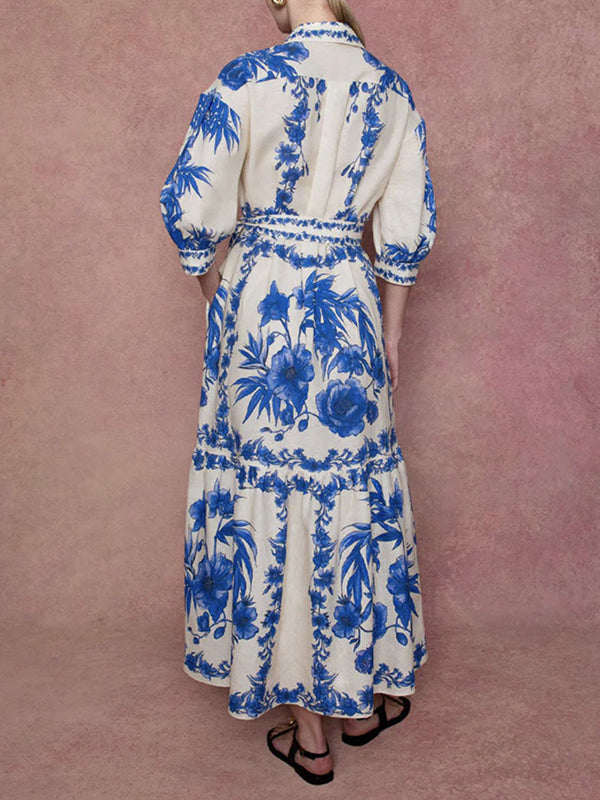 Floral Printed Pleated Split-Joint Tied Waist Loose Puff Sleeves Lapel Shirt Dress Maxi Dresses