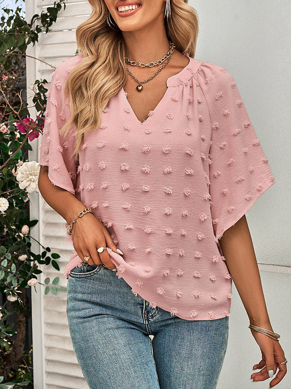 Jacquard Solid Color Half Sleeves Loose V-Neck T-Shirts Tops