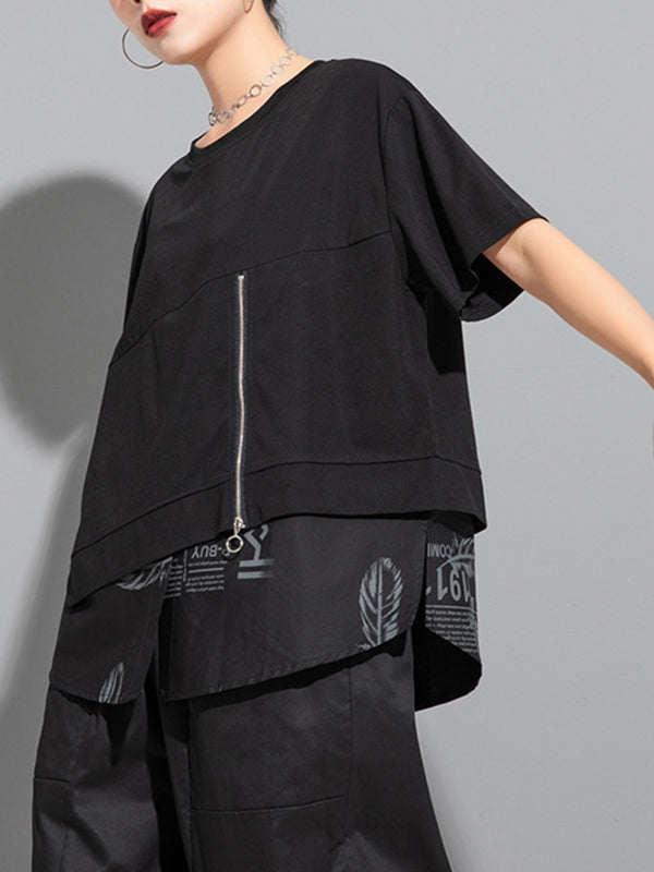 Printing Split-Joint False Two Loose Round-neck T-Shirts Tops